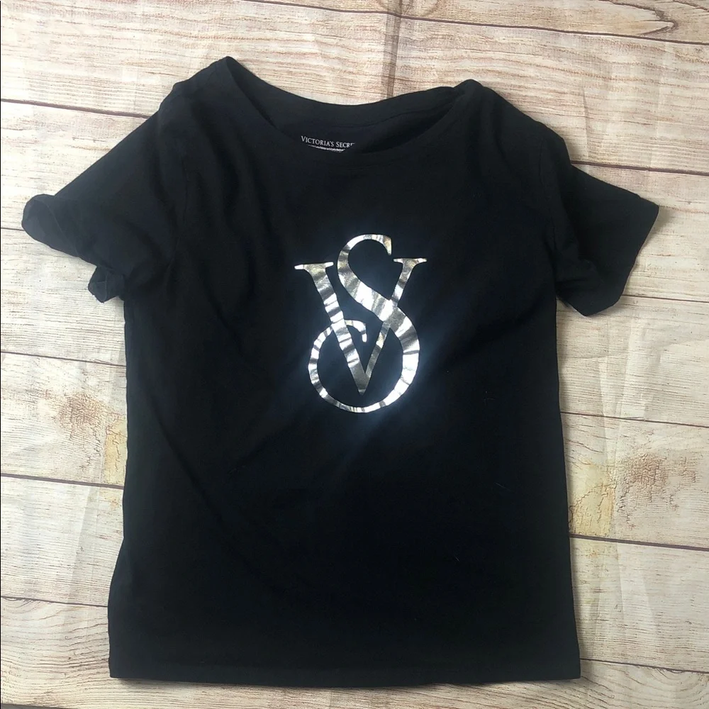 Victoria's Secret Black Tee with Shimmering Silver Logo‎